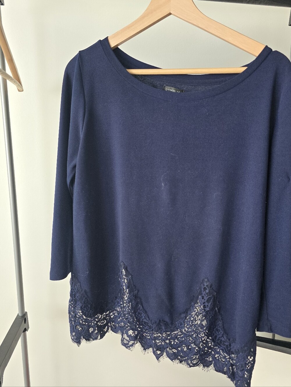 Dynamite Navy Long-Sleeve Top with Lace Hem